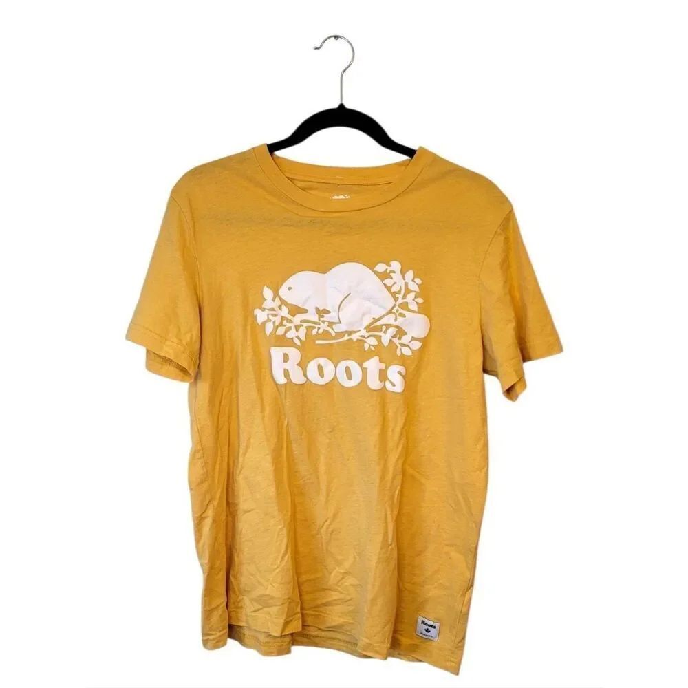 Roots Cotton Mustard Yellow Tee with White Beaver Logo Size XS